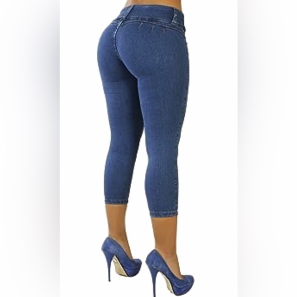 Y2K Curvify Size 15 Brazilian Butt-Lift Dark Wash Denim Cropped Jeans Capris - Picture 3 of 16
